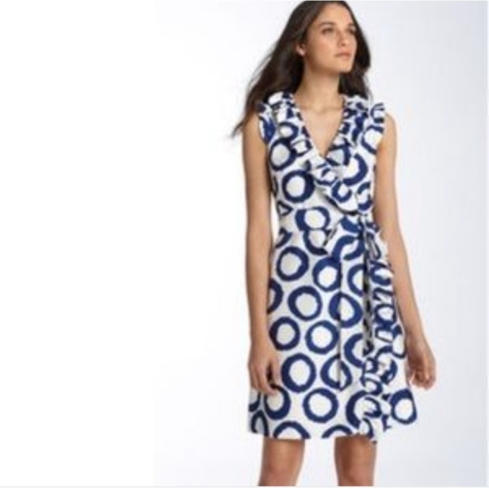 kate spade Silk Royal Blue & White Circular Print Wrap Dress EUC $300 Retail